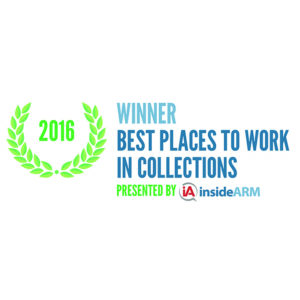 2016 Winner of Best Places to Work in Collections by insideARM