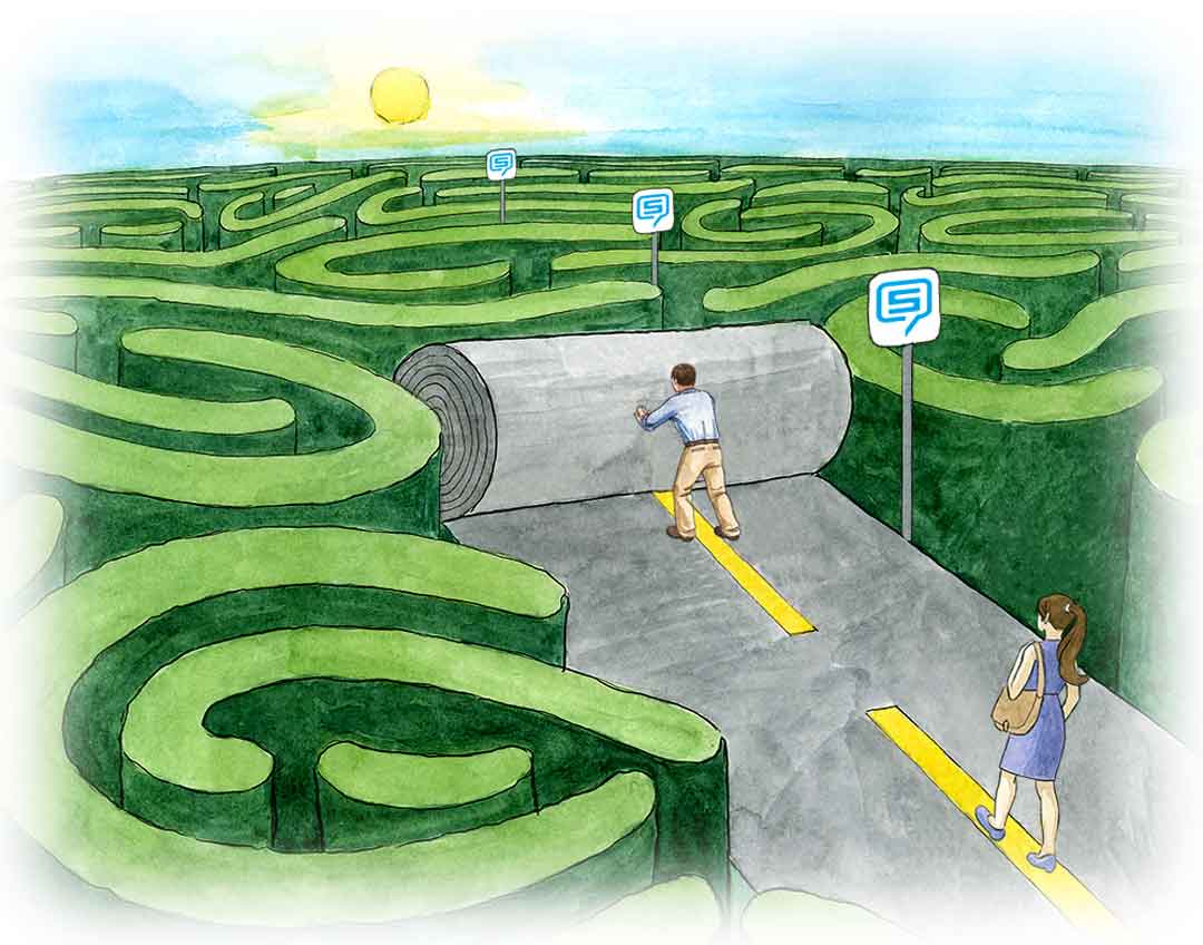 Artistic illustration of a man guiding a woman through a confusing maze